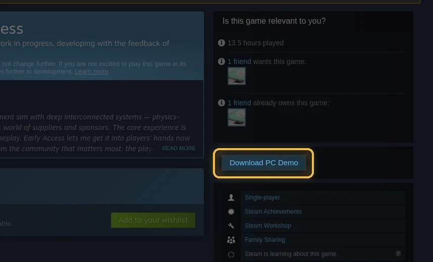 Página de Steam de The Undercut con el botón Download PC Demo resaltado