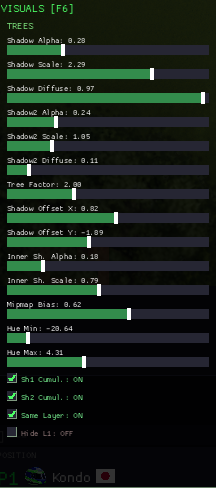 The Undercut - Tree rendering debug panel with shadow, canopy, and hue parameters