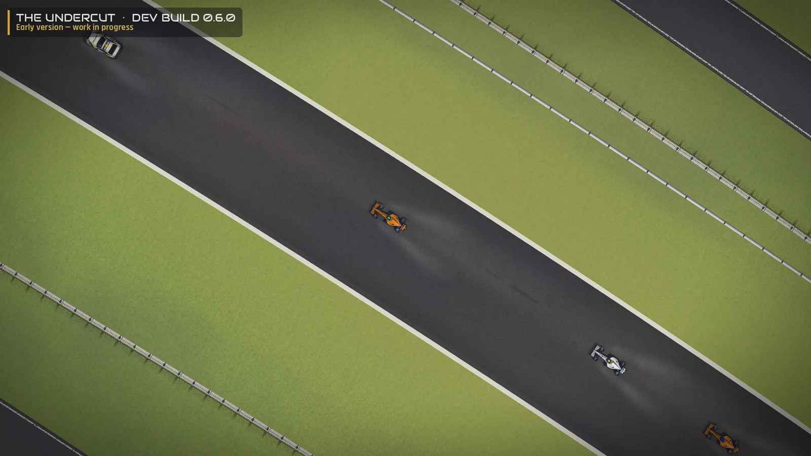 The Undercut, Entwicklungsversion 0.6.0 – spät in der Abtrocknungsphase: eine trockene Ideallinie in der Mitte der Geraden, links und rechts davon noch feuchter Asphalt