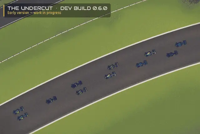 The Undercut, Entwicklungsversion 0.6.0 – erste Kurve, erste Runde: Mitten im Feld berühren sich Autos, zwei drehen sich ins Kiesbett, während der Rest des Feldes durchkommt