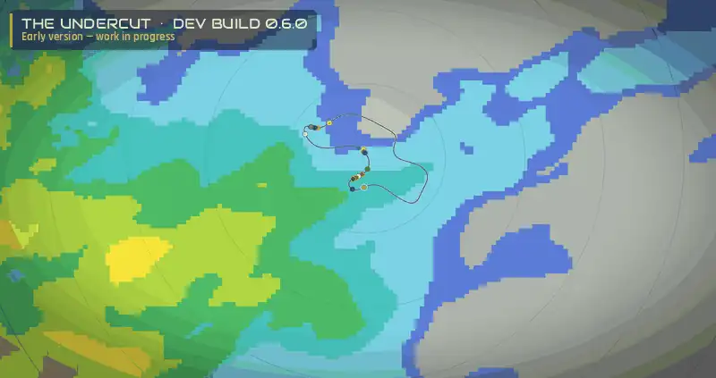 The Undercut, Entwicklungsversion 0.6.0 – das Wetterradar: nach Intensität eingefärbte Schauerbänder ziehen über die Region und die Strecke, während die Autos ihre Runden drehen